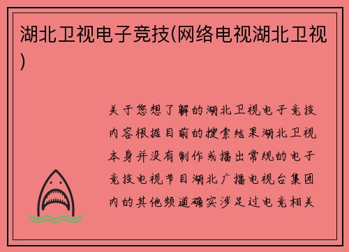 湖北卫视电子竞技(网络电视湖北卫视)