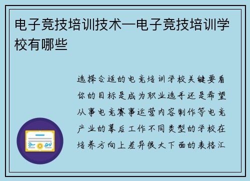 电子竞技培训技术—电子竞技培训学校有哪些